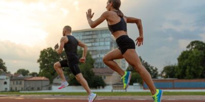 Hombre y mujer corriendo en la pista de atletismo