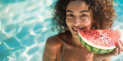 mujer comiendo sandia en la piscina