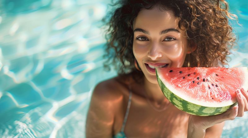 mujer comiendo sandia en la piscina