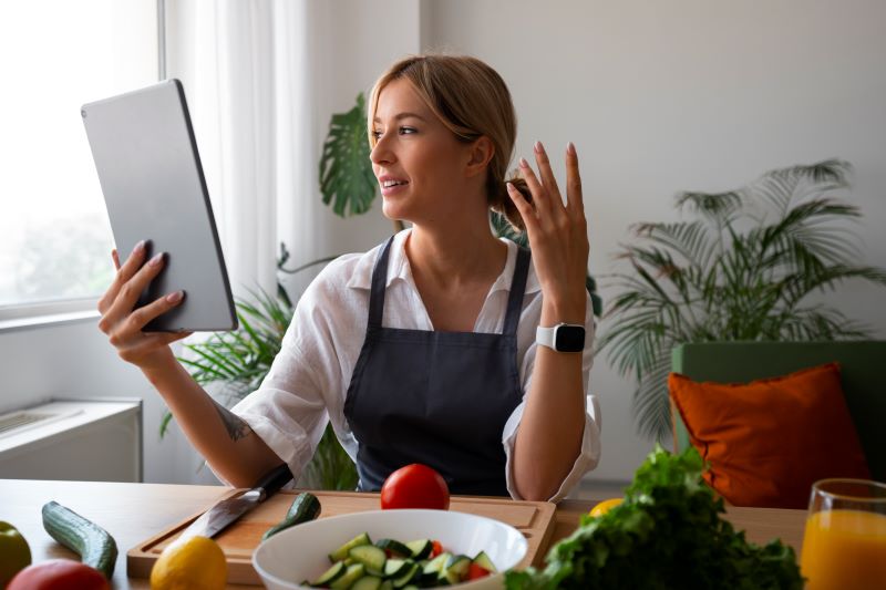 Chef femenina teniendo una videollamada mientras cocina